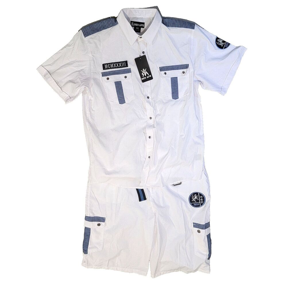 Red Ape MCMXXXIII NWT 2-PC Top Bottom Set, Short Slv Shorts, White Blue Mens 3xl